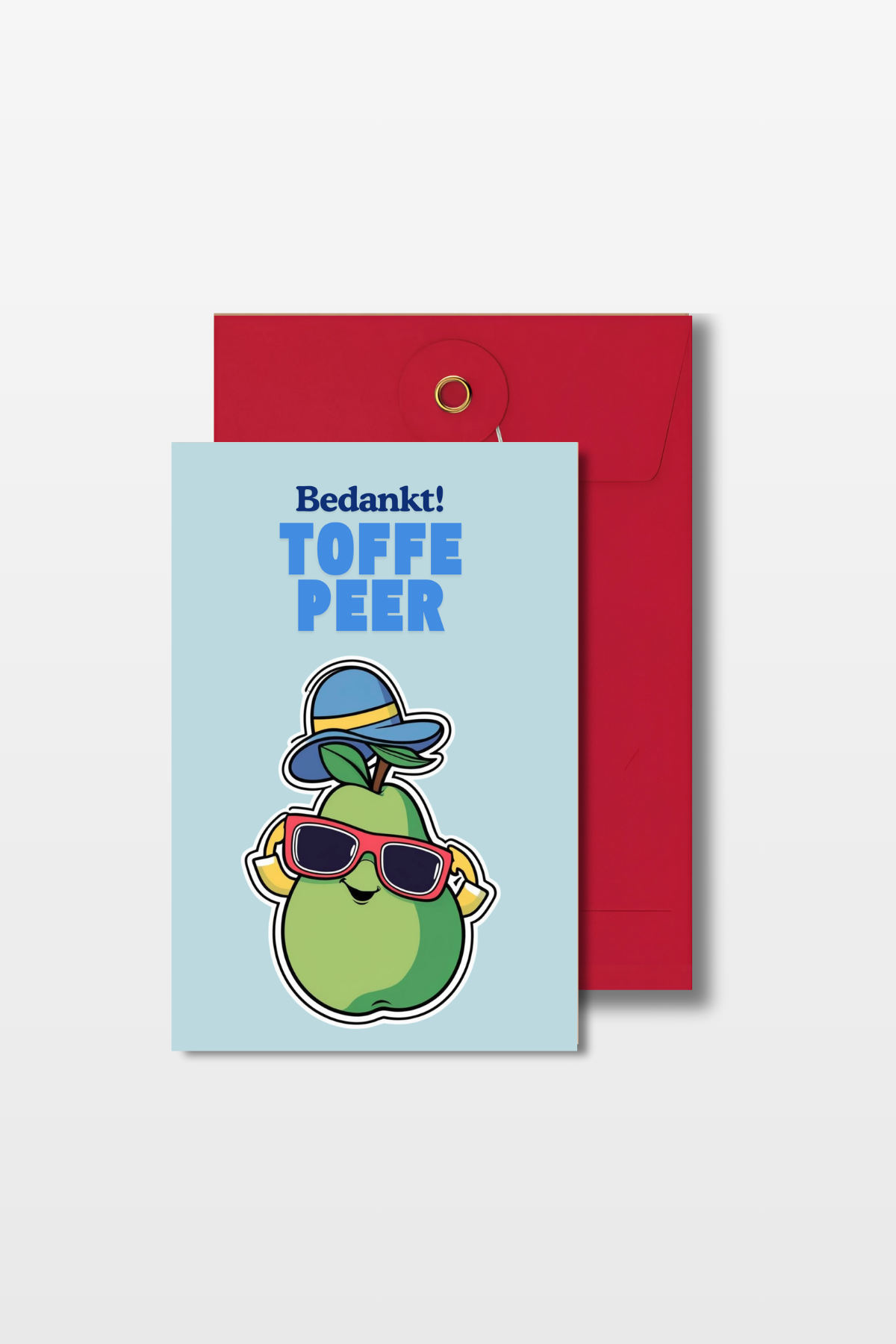 Bedankkaart met een peer met een hoedje en een zonnebril en de tekst 'Bedankt Toffe peer!' met een rode envelop