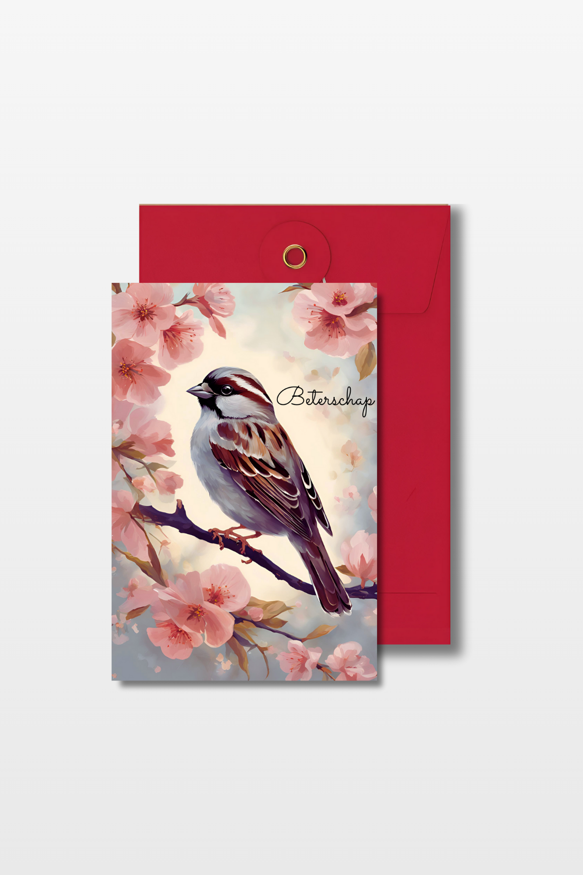 Beterschapskaart met een mus op een tak en roze bloemen eromheen met de tekst 'Beterschap' en een rode envelop