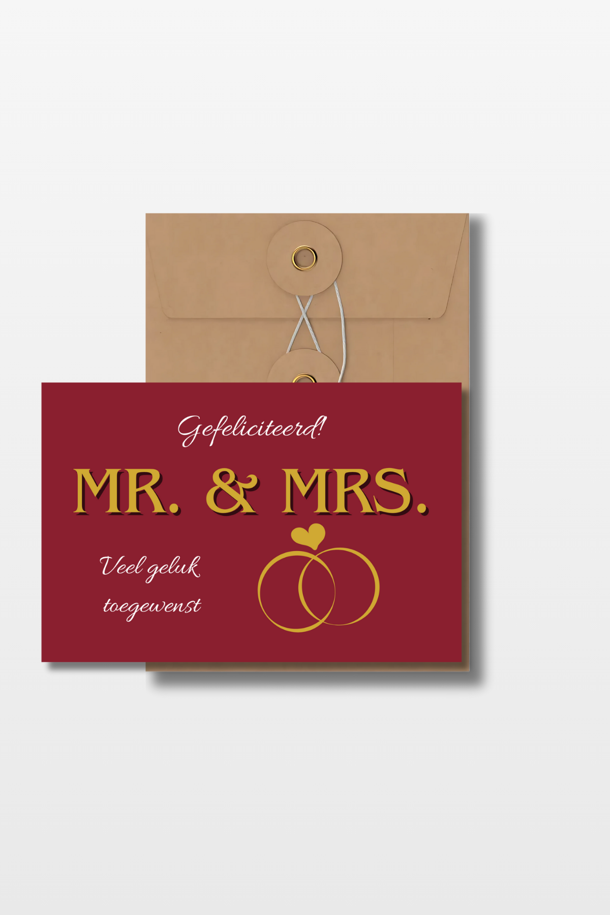 Rode huwelijkskaart met de tekst 'Gefeliciteerd! Mr. & Mrs. Veel geluk toegewenst!' en twee gouden ringen met een hartje en een blauwe envelop