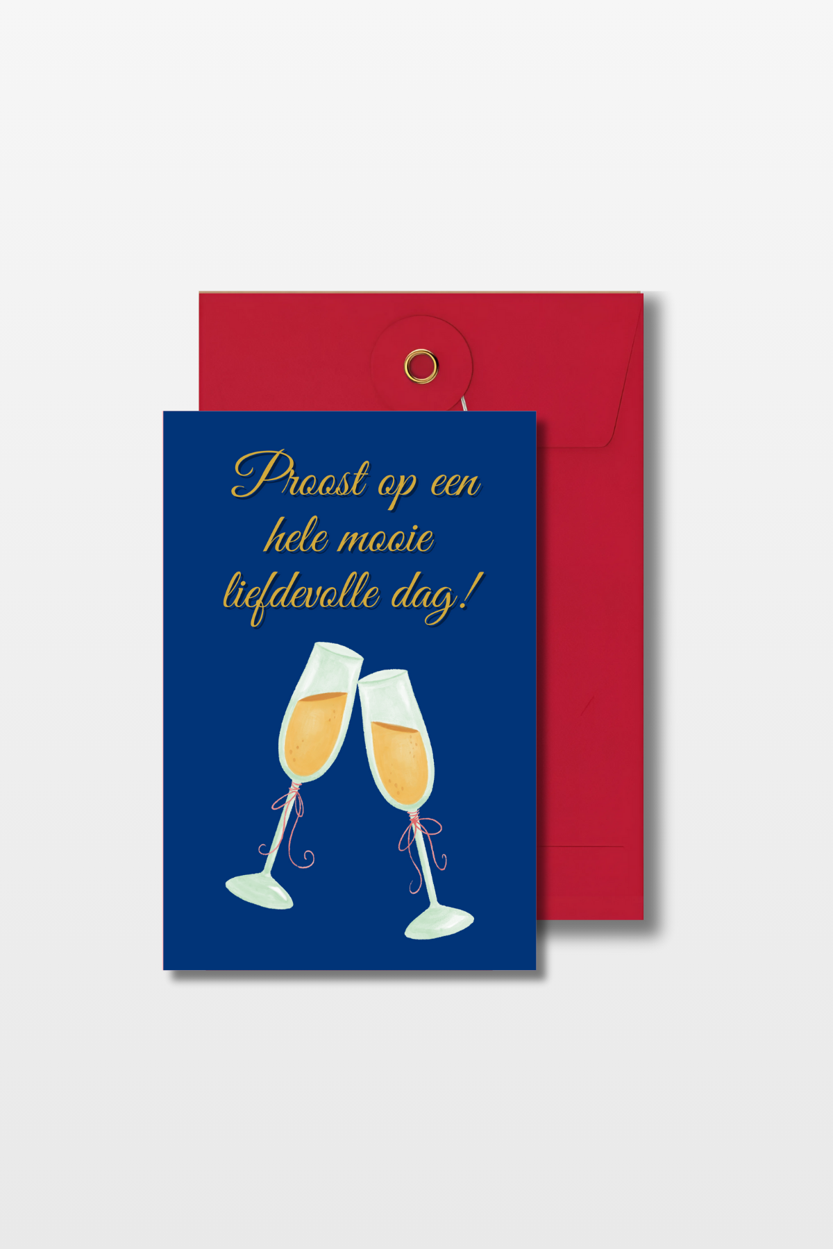 Huwelijkskaart met de tekst 'Proost op een hele mooie liefdevolle dag' en twee proostende glazen met een rode envelop