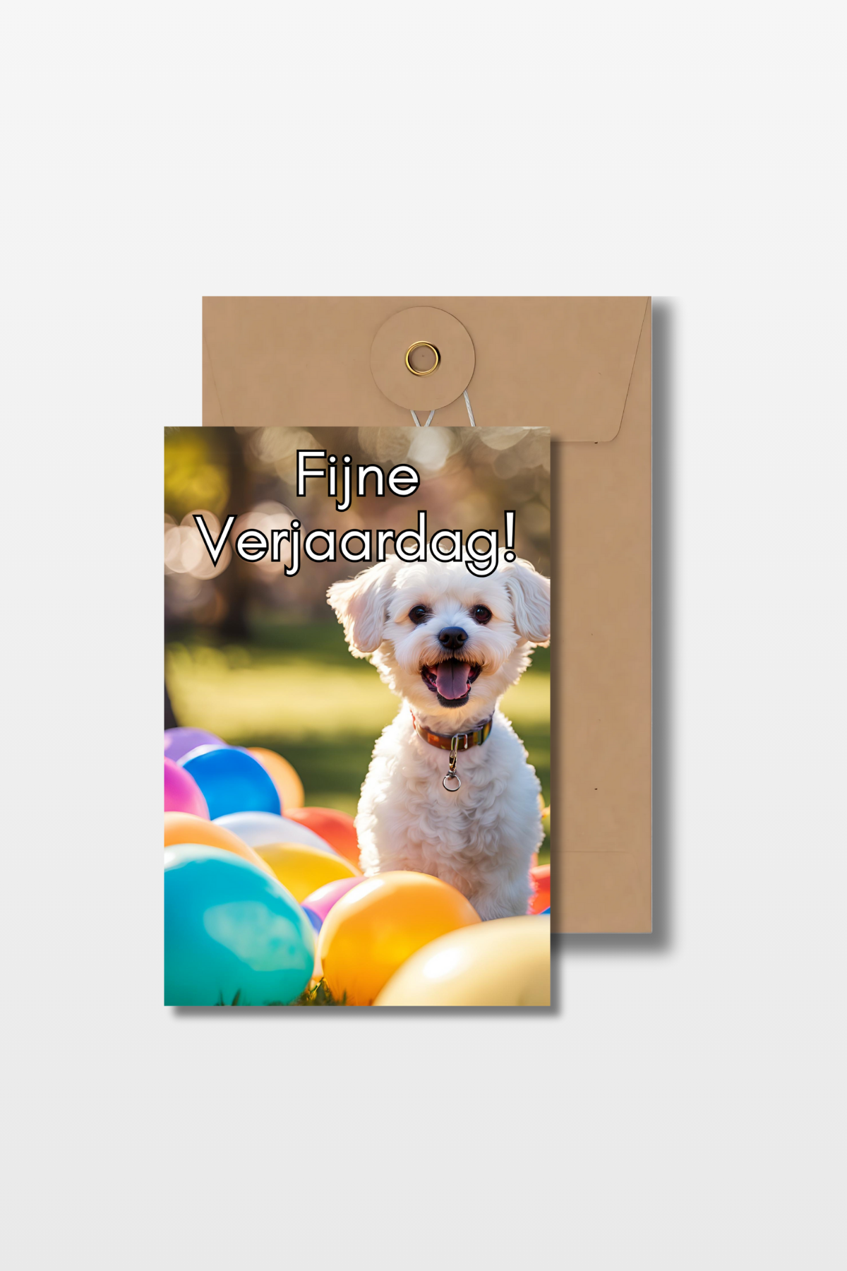 Verjaardagskaart met een Maltipoo en veel ballonnen, met de tekst 'Fijne verjaardag!' en een bruine envelop