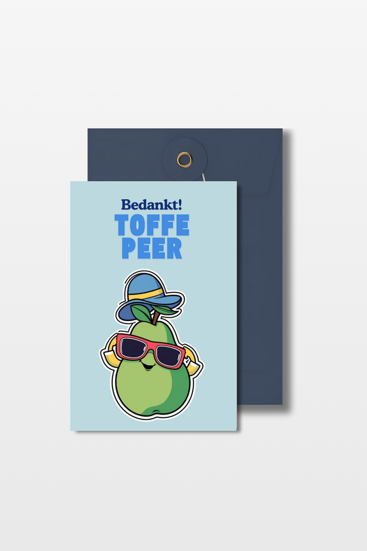 Bedankkaart met een peer met een hoedje en een zonnebril en de tekst 'Bedankt Toffe peer!' met een blauwe envelop