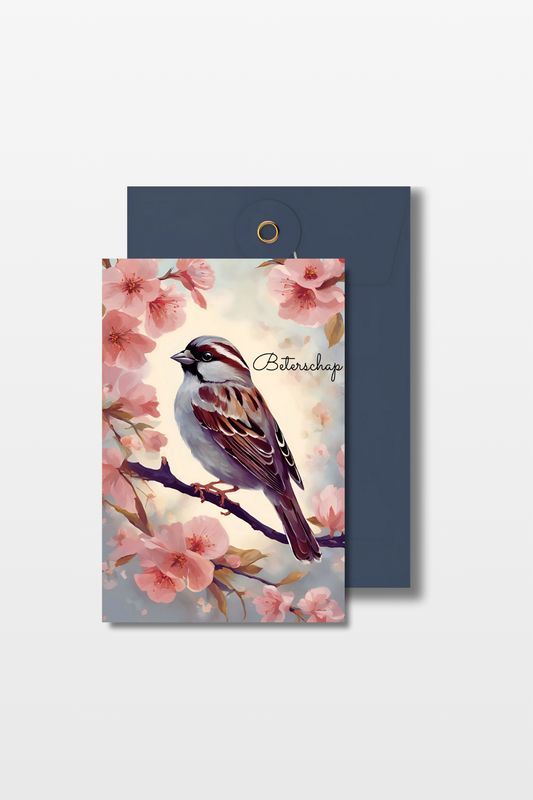 Beterschapskaart met een mus op een tak en roze bloemen eromheen met de tekst 'Beterschap' en een blauwe envelop