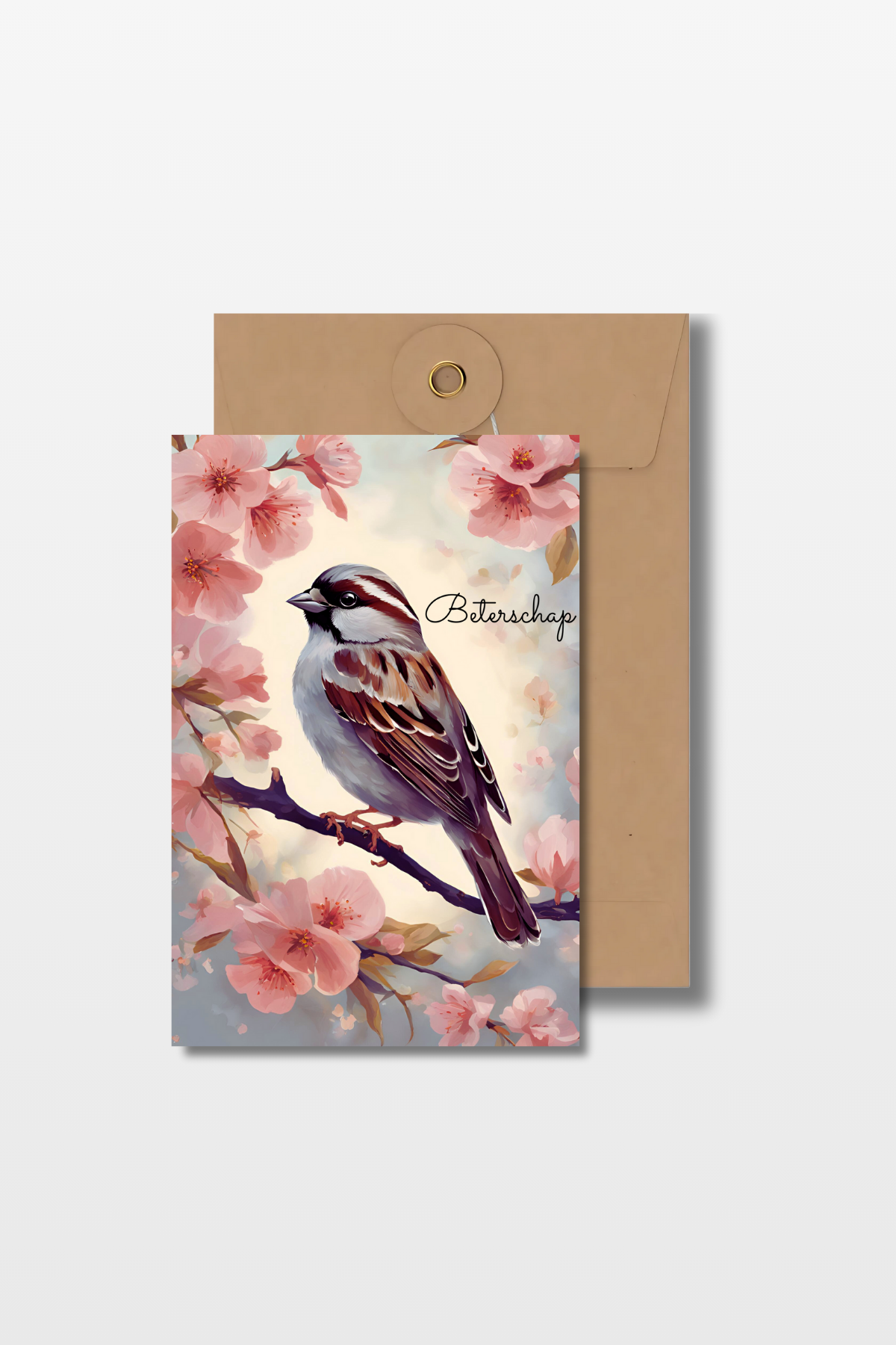 Beterschapskaart met een mus op een tak en roze bloemen eromheen met de tekst 'Beterschap' en een bruine envelop 
