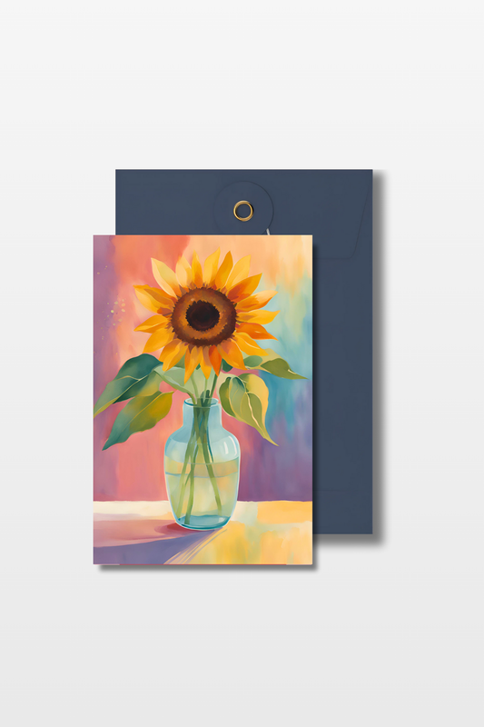 Beterschapskaart met een zonnebloem in een vaas op een waterverfgeschilderde achtergrond met een blauwe envelop