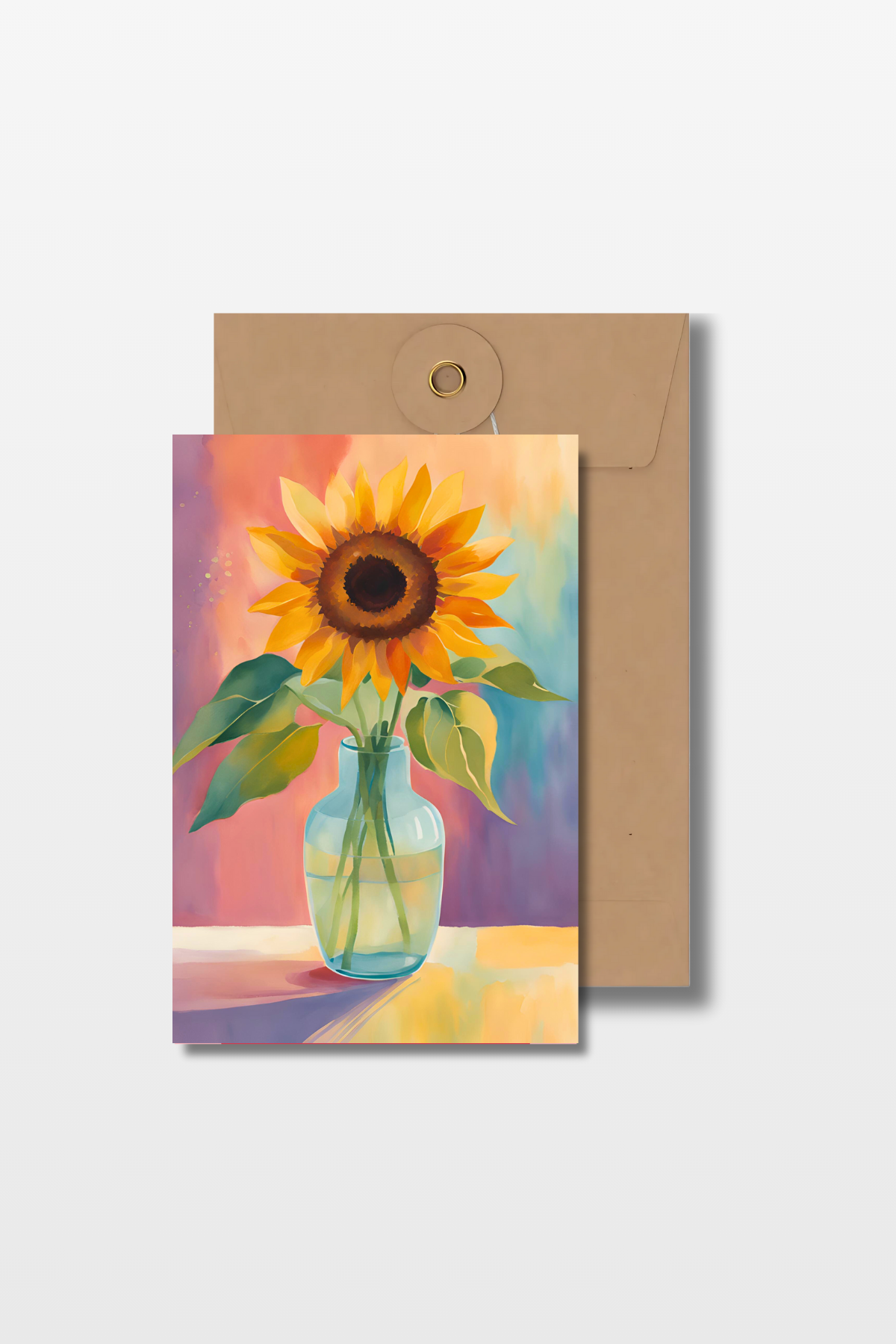 Beterschapskaart met een zonnebloem in een vaas op een waterverfgeschilderde achtergrond met een bruine envelop 