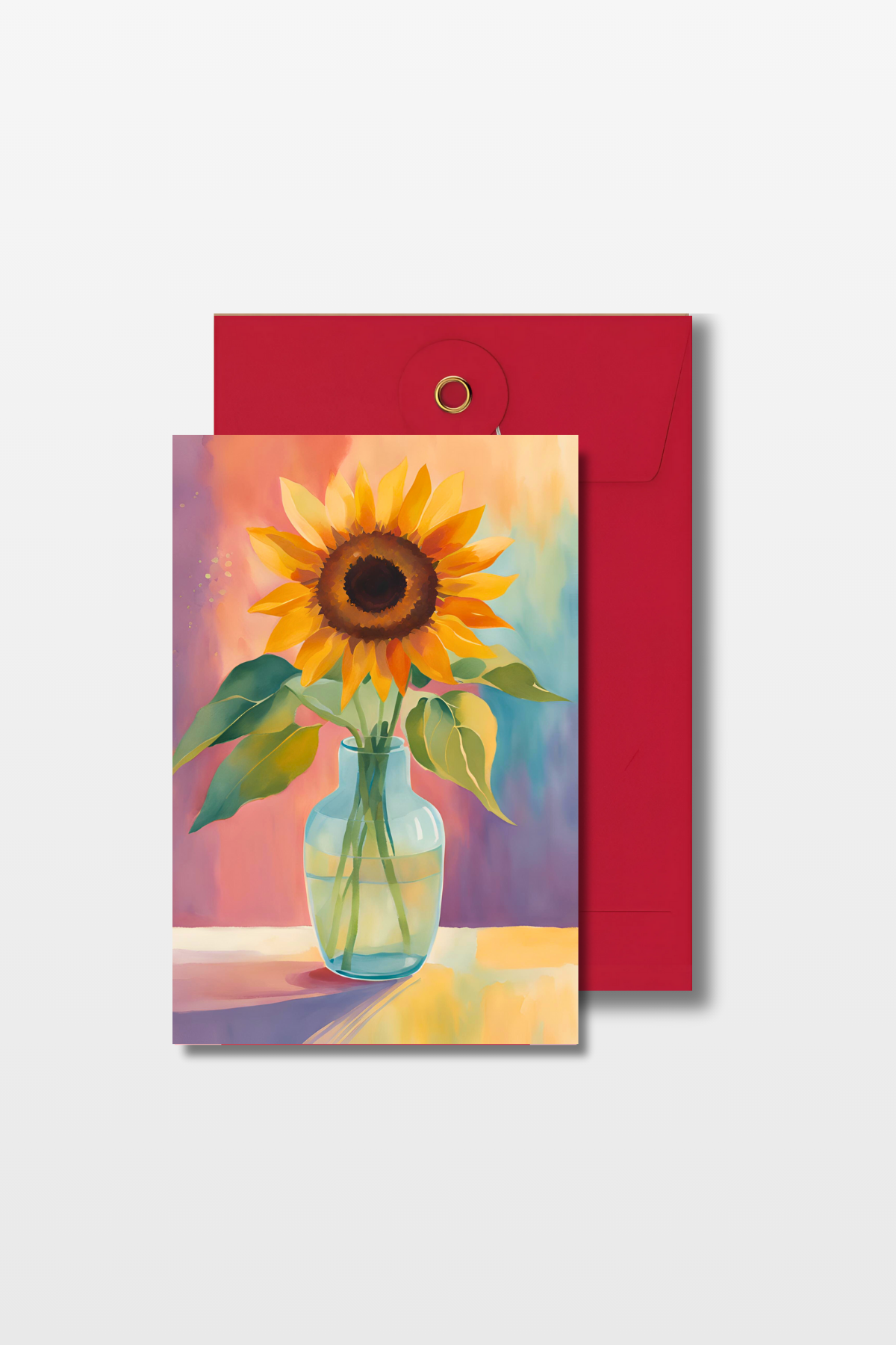 Beterschapskaart met een zonnebloem in een vaas op een waterverfgeschilderde achtergrond met een rode envelop 