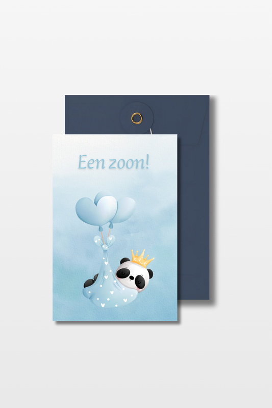 Blauwe kaart met een panda die opstijgt in blauwe babyballonnen en de tekst 'Een zoon!' met een blauwe envelop