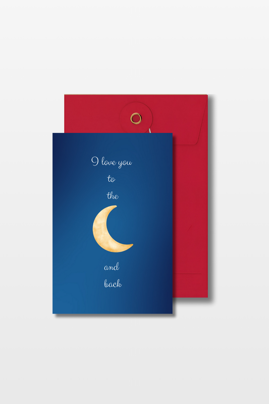 Blauwe liefdeskaart met de tekst 'I love you to the moon and back' en een afbeelding van een maan, met een rode envelop