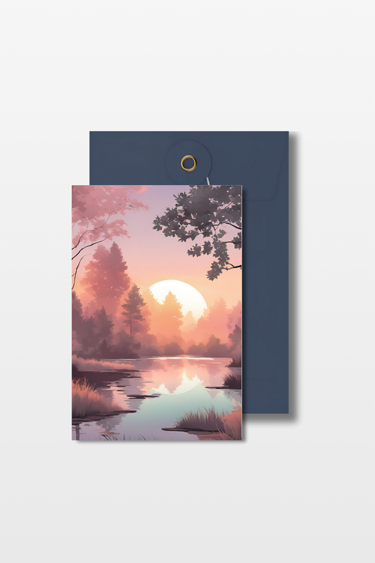Condoleancekaart met een zonsondergang en natuur op de achtergrond met een blauwe envelop