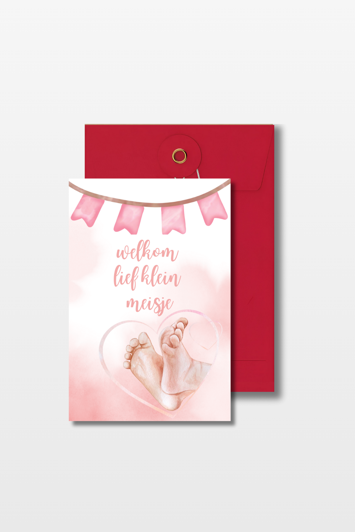 Geboortekaart voor een meisje met roze vlaggetjes, kleine voetjes in een hartje en de tekst 'Welkom lief klein meisje' met een rode envelop
