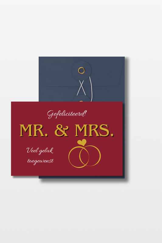 Rode huwelijkskaart met de tekst 'Gefeliciteerd! Mr. & Mrs. Veel geluk toegewenst!' en twee gouden ringen met een hartje en een blauwe envelop