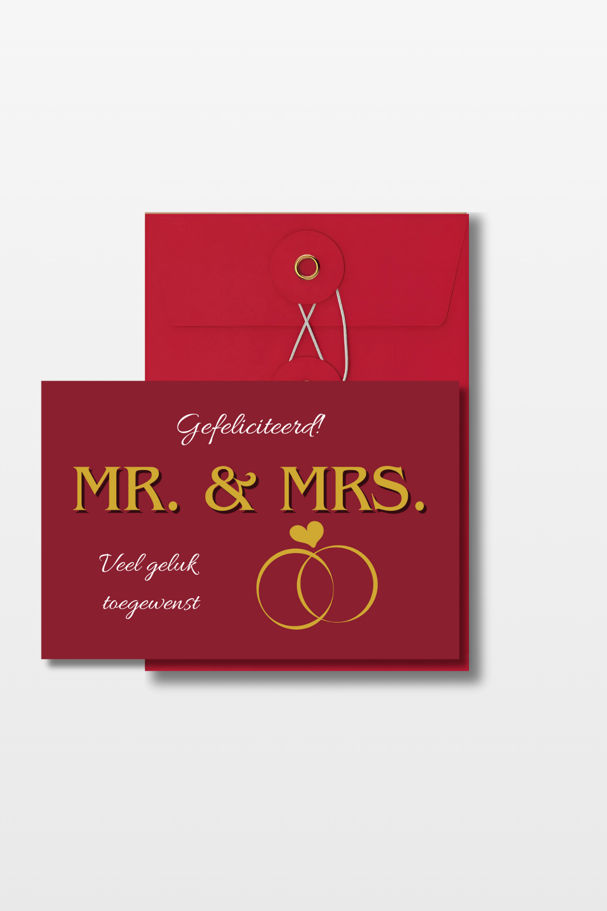 Rode huwelijkskaart met de tekst 'Gefeliciteerd! Mr. & Mrs. Veel geluk toegewenst!' en twee gouden ringen met een hartje en een rode envelop