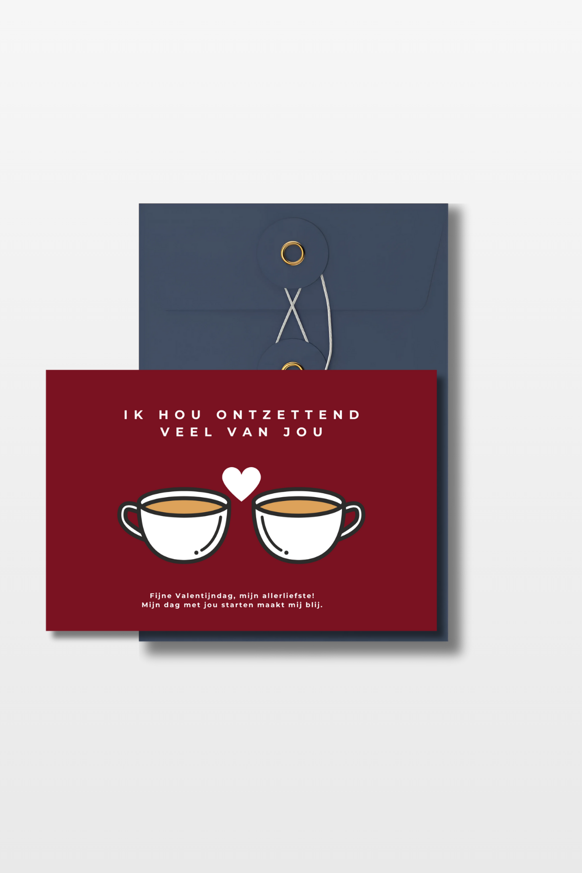 Koffie Valentijnskaart met 2 kopjes koffie en een hartje ertussen, met de tekst 'Ik hou ontzettend veel van jou fijne valentijnsdag, mijn allerliefste! Mijn dag met jou starten maakt mij blij.' met een blauwe envelop