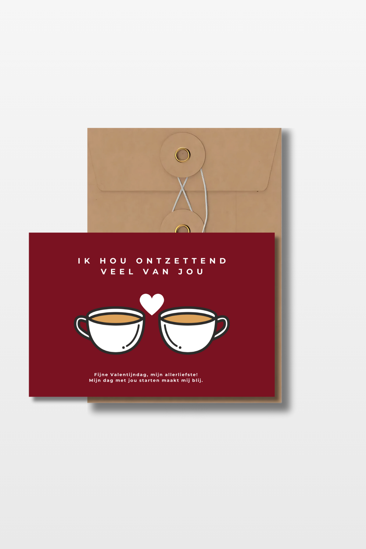 Koffie Valentijnskaart met 2 kopjes koffie en een hartje ertussen, met de tekst 'Ik hou ontzettend veel van jou fijne valentijnsdag, mijn allerliefste! Mijn dag met jou starten maakt mij blij.' met een bruine envelop