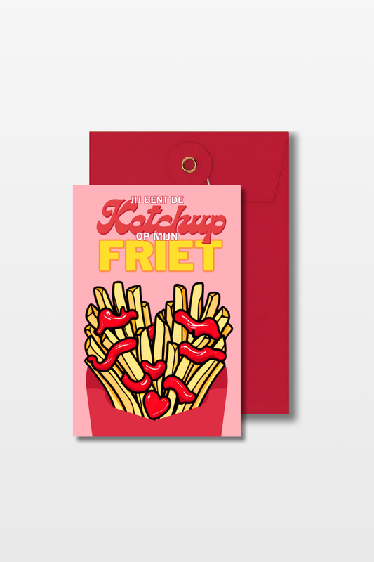 Roze Valentijnskaart met frietjes en ketchup en de tekst 'Jij bent de Ketchup op mijn Friet' met een rode envelop 
