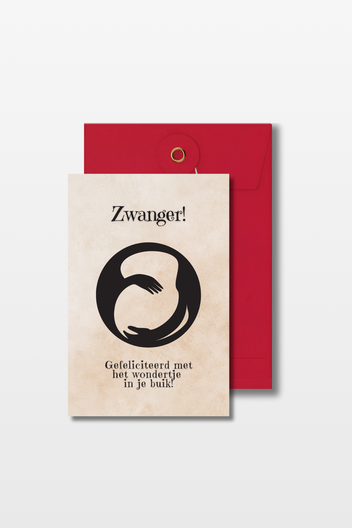 Zwangerschapskaart met de tekst 'Zwanger! Gefeliciteerd met het wondertje in je buik' en een afbeelding van een zwangere buik op een rode envelop